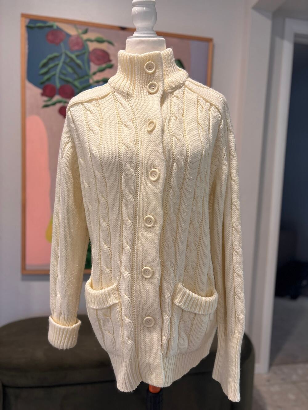 Vintage 1970s Sears Ivory Cable Knit Fisherman Cardigan Sweater Size 46
